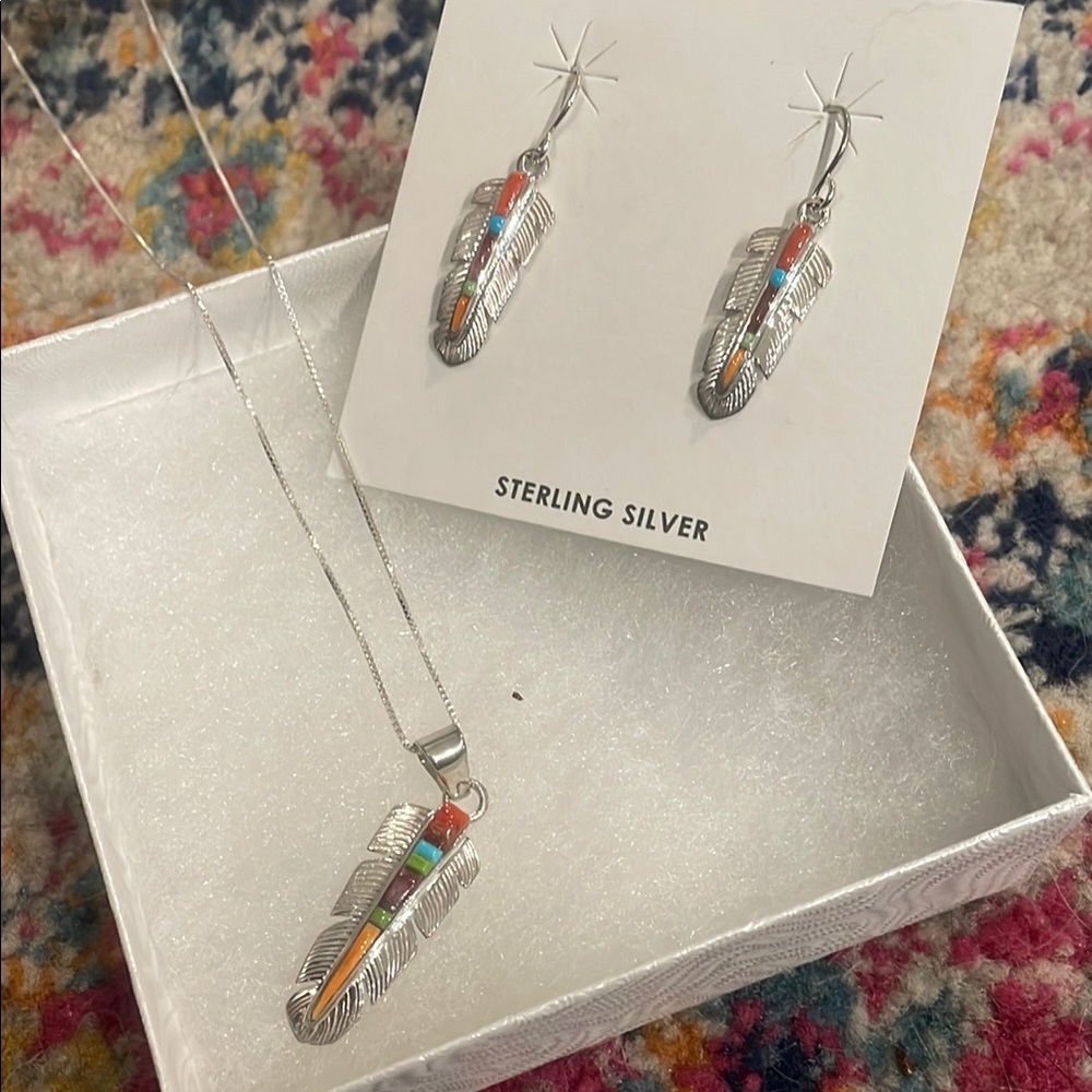 Sterling Silver Feather Jewelry Set with Multicolor Accents
